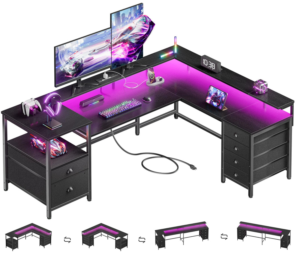 66'' L Shaped Gaming Desk with 6 Drawers, LED, Outlets, Black I52942
