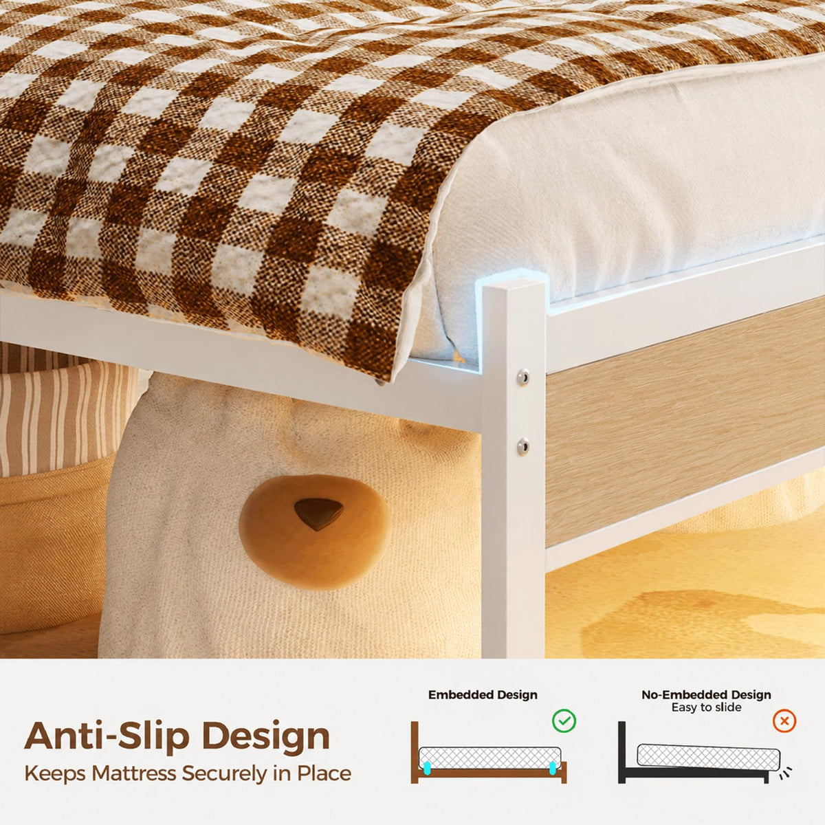 White Full Size Upholstered Platform Bed Frame with LED Lights and Storage Shelf S6439