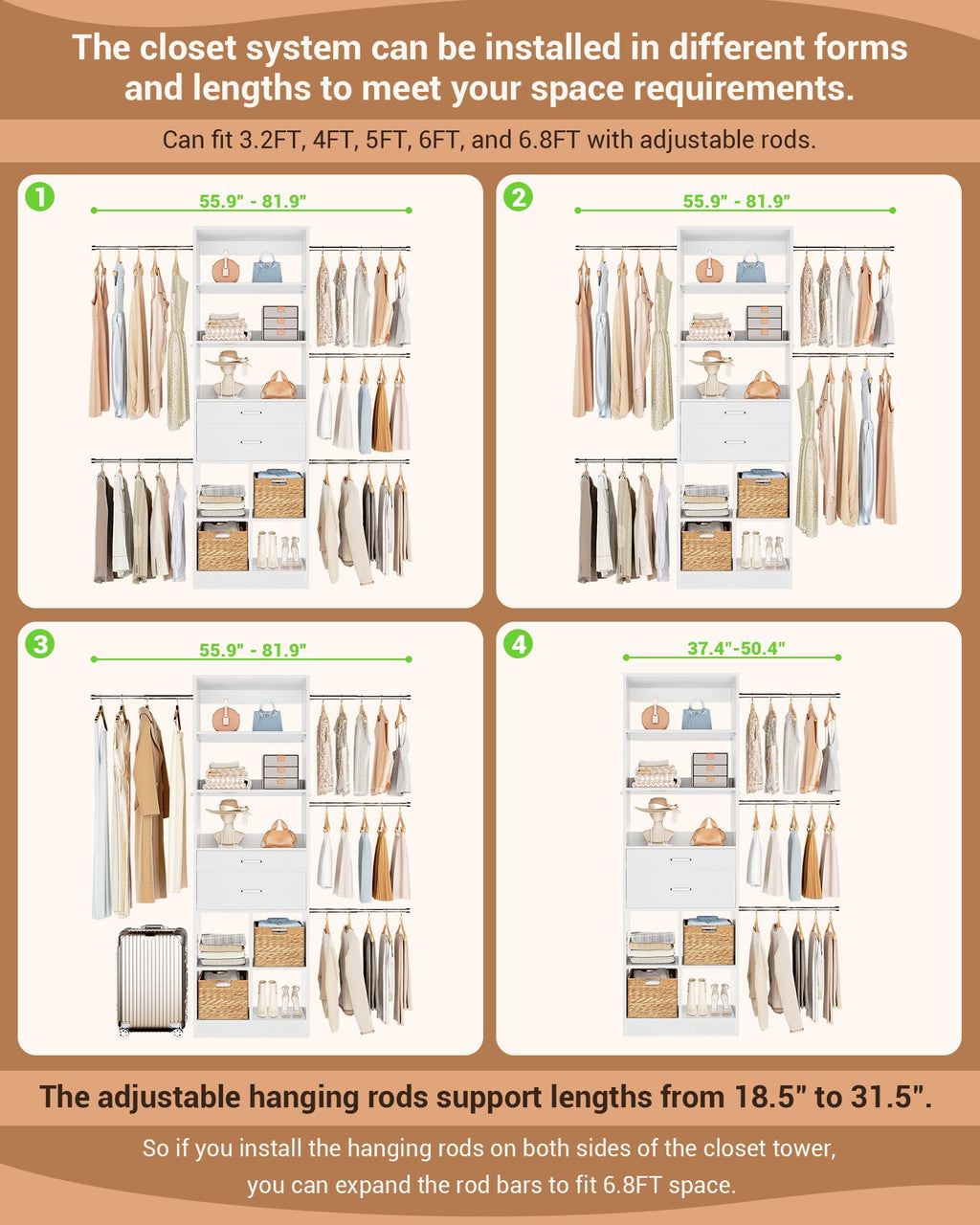 Small Closet System with 2 Wooden Drawers & 5 Hanging Rods, White B79427
