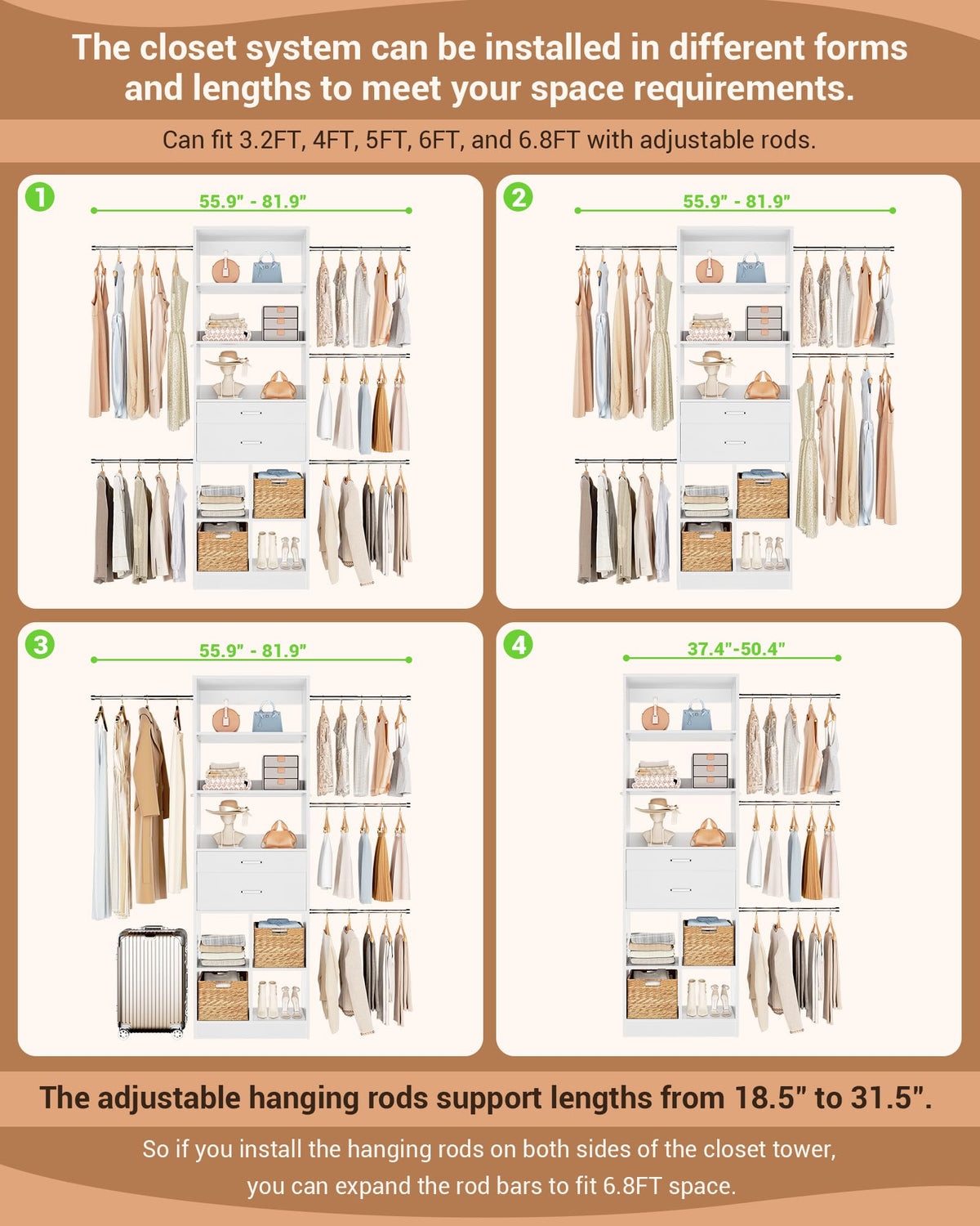 Small Closet System with 2 Wooden Drawers & 5 Hanging Rods, White B79427