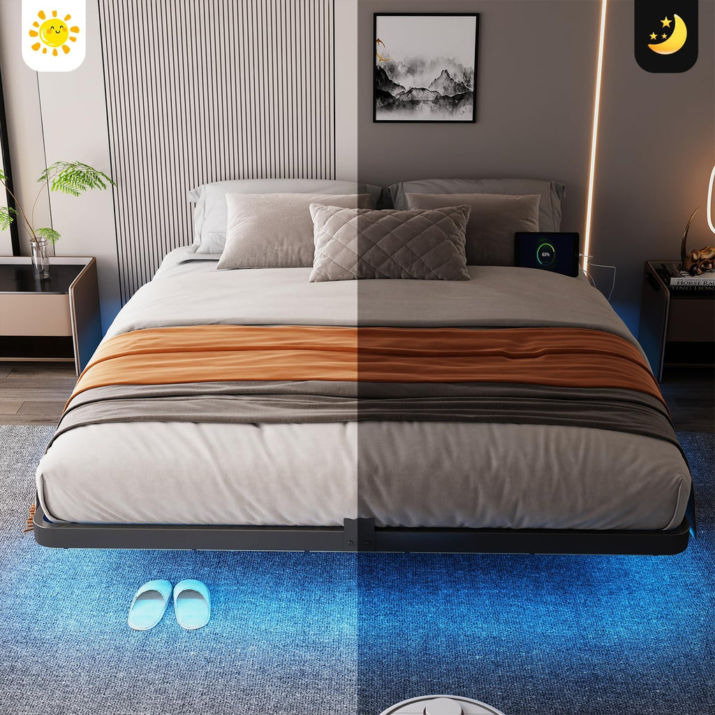 Full Size Floating Platform Bed Frame with LED Lights & Charging Station N598161