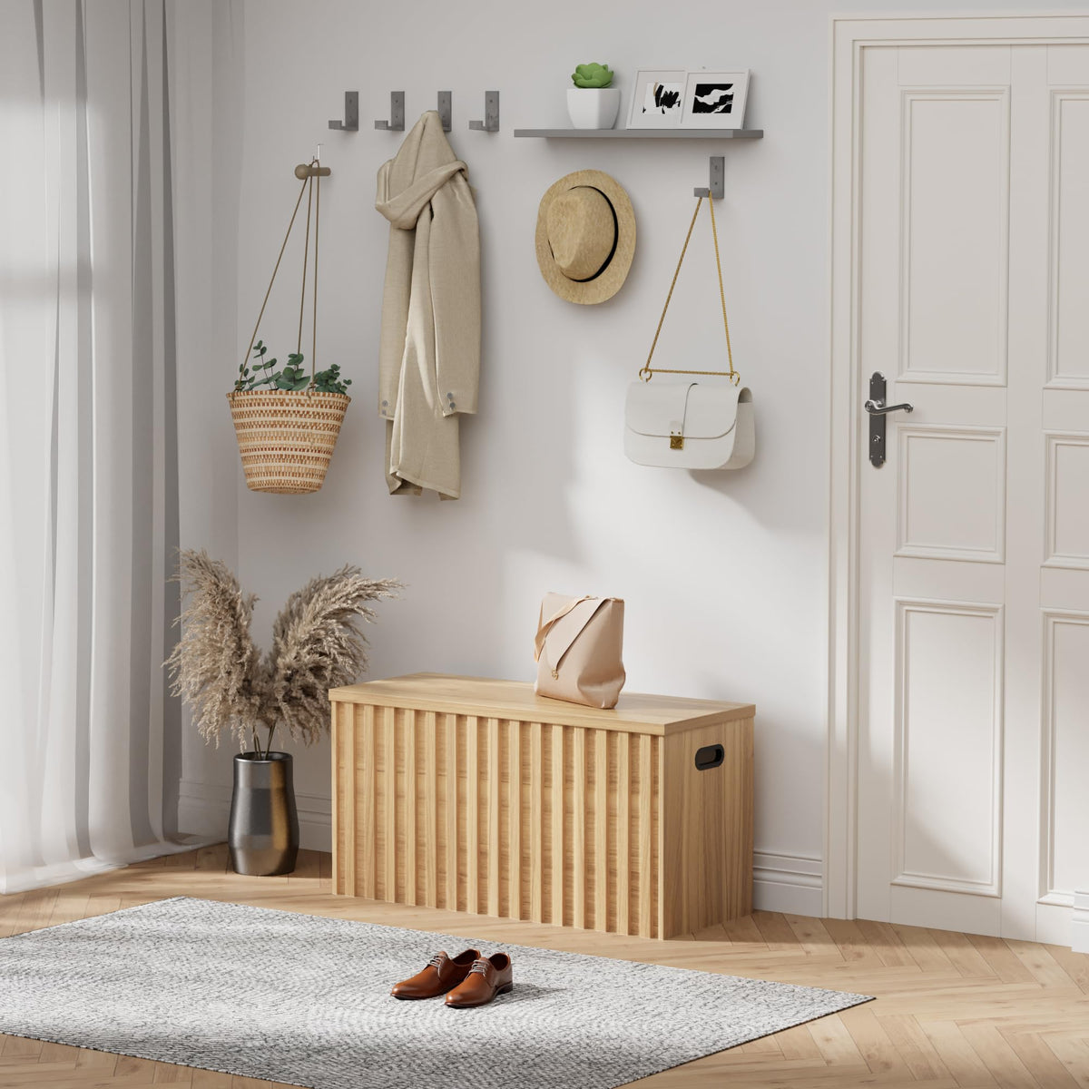 Wood Storage Bench with 2 Safety Hinges Q490721