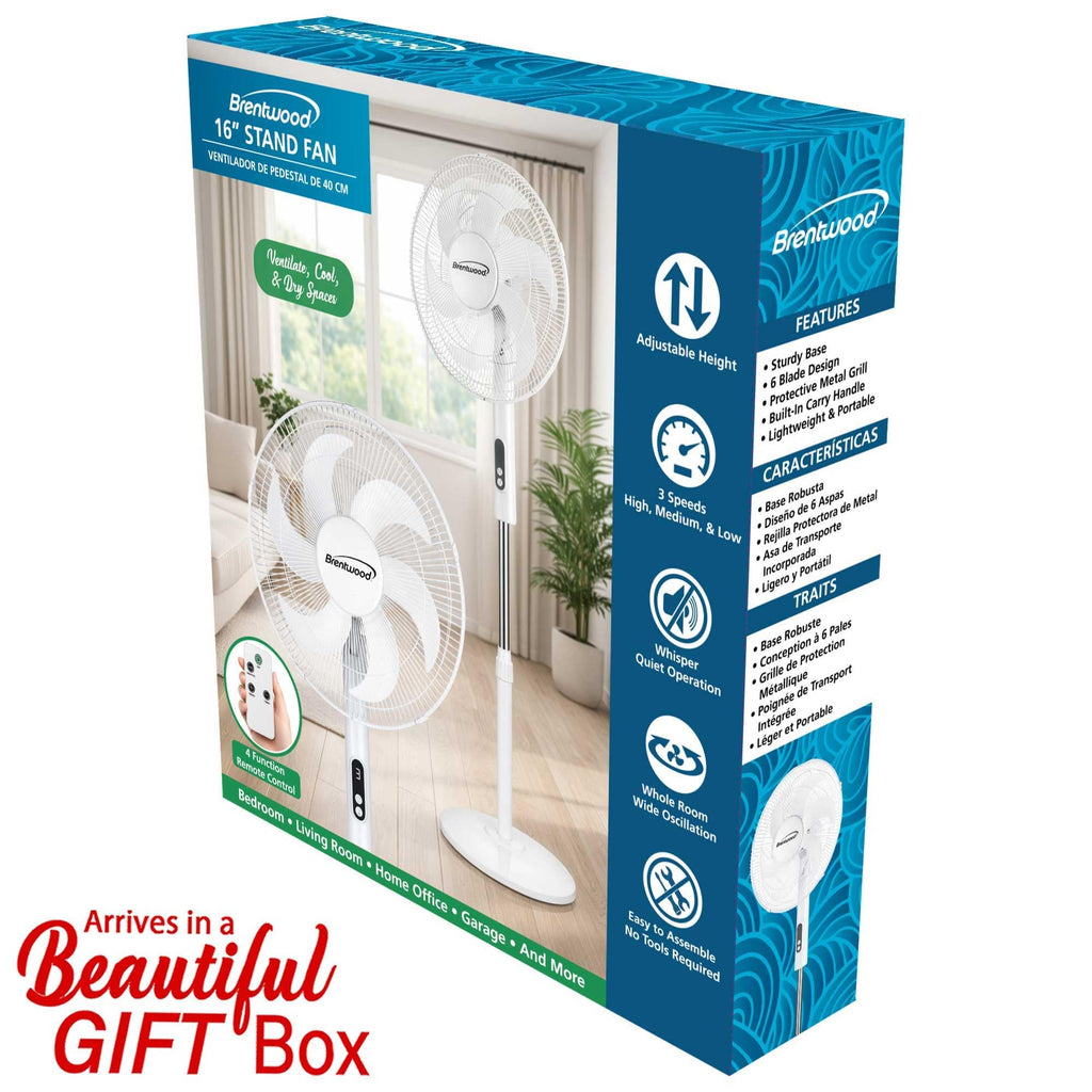16” Oscillating Stand Fan with Remote, White Z385