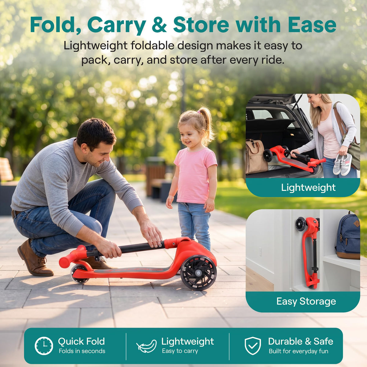 Foldable 3 Wheel Scooter with LED Wheels, Adjustable Handlebar, Red V564765