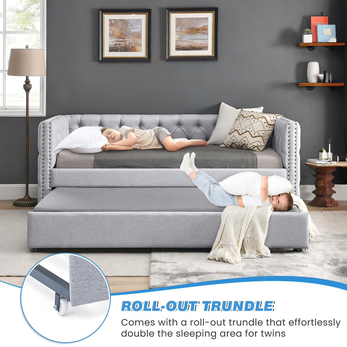 Linen Upholstered Twin Size Daybed with Trundle I67721