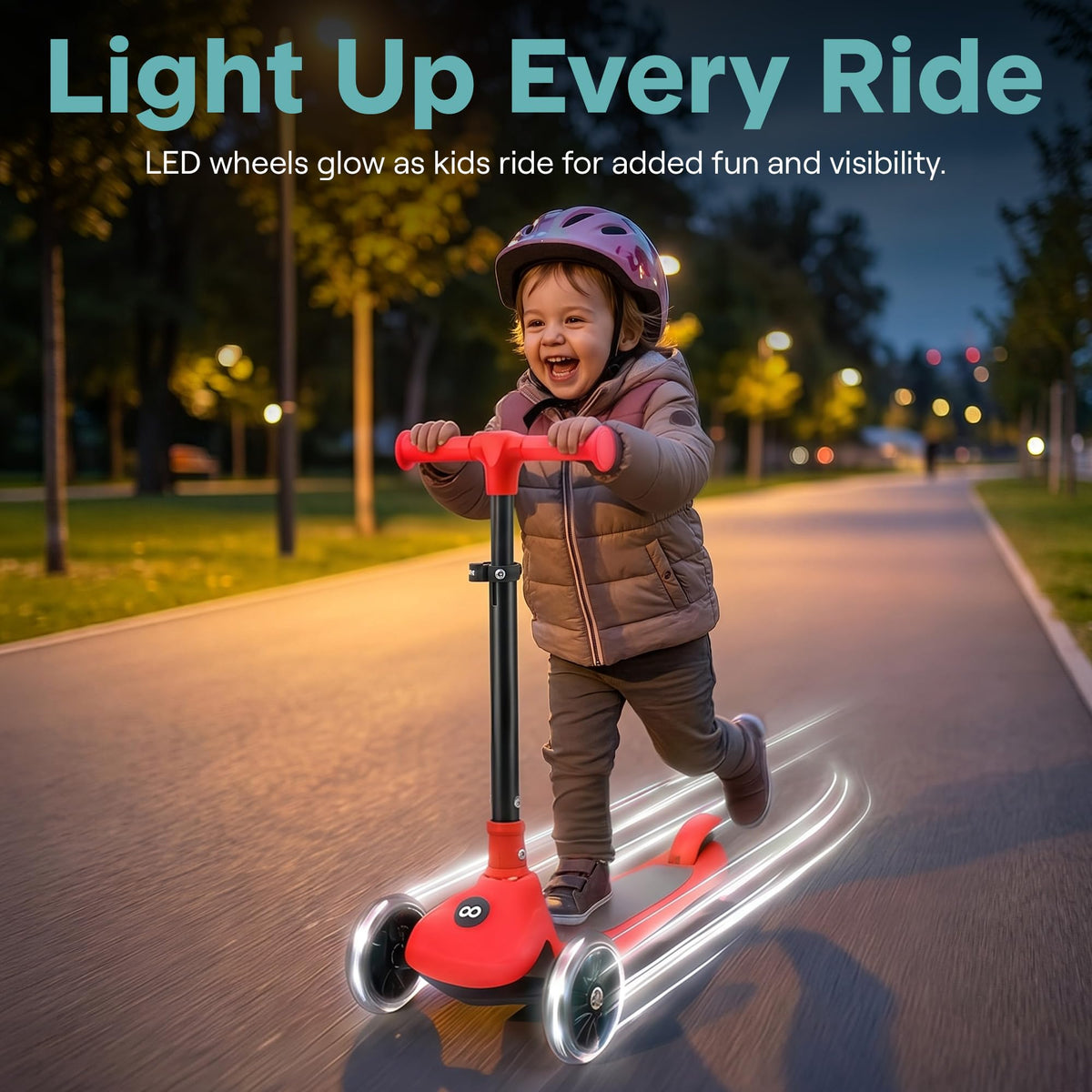 Foldable 3 Wheel Scooter with LED Wheels, Adjustable Handlebar, Red V564765