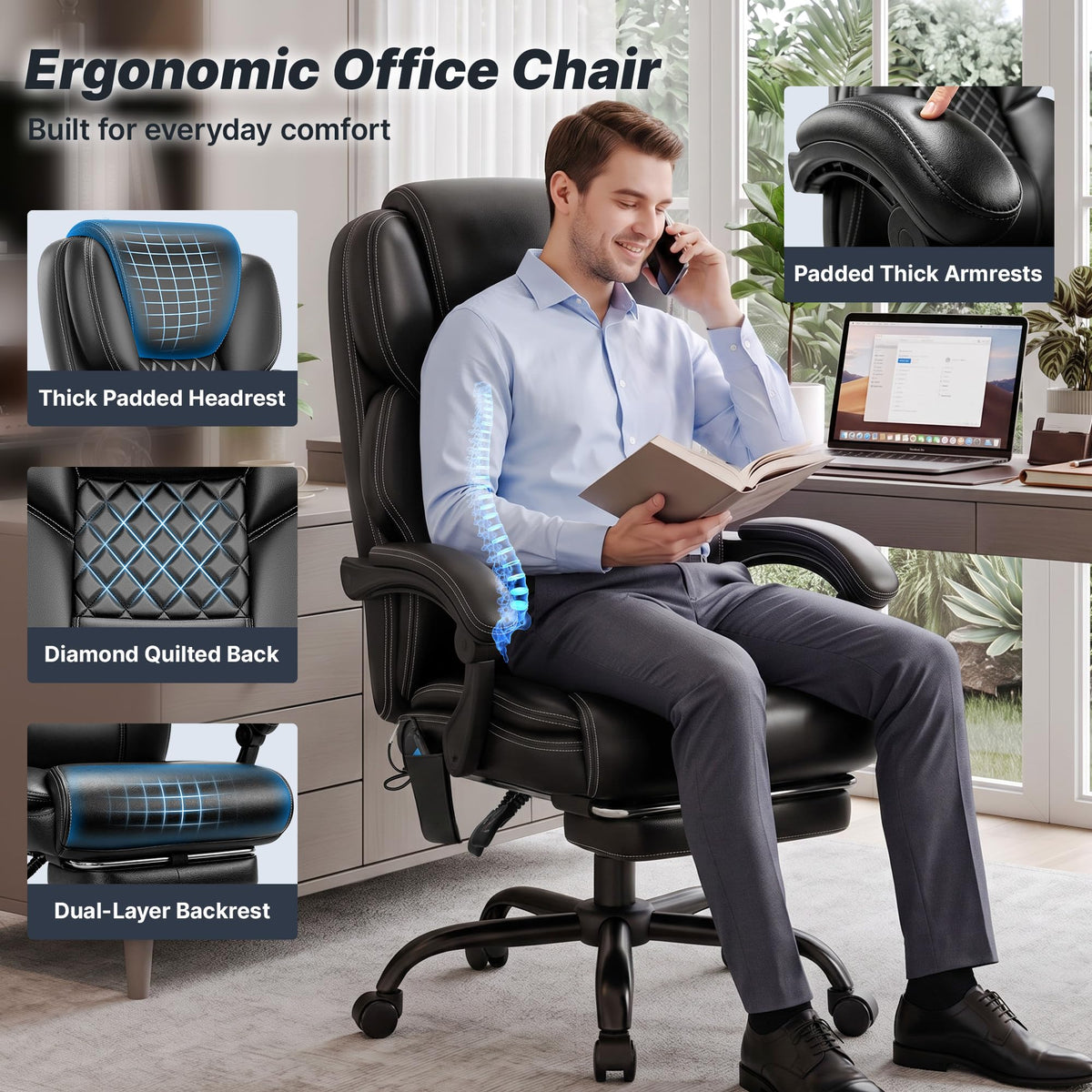 Massage Office Chair with Footrest, Heat and 160° Recline S2693