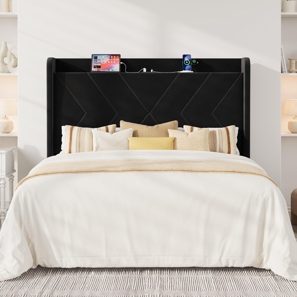 Queen Size Black Velvet Bed Frame with Charging and Shelf W5271