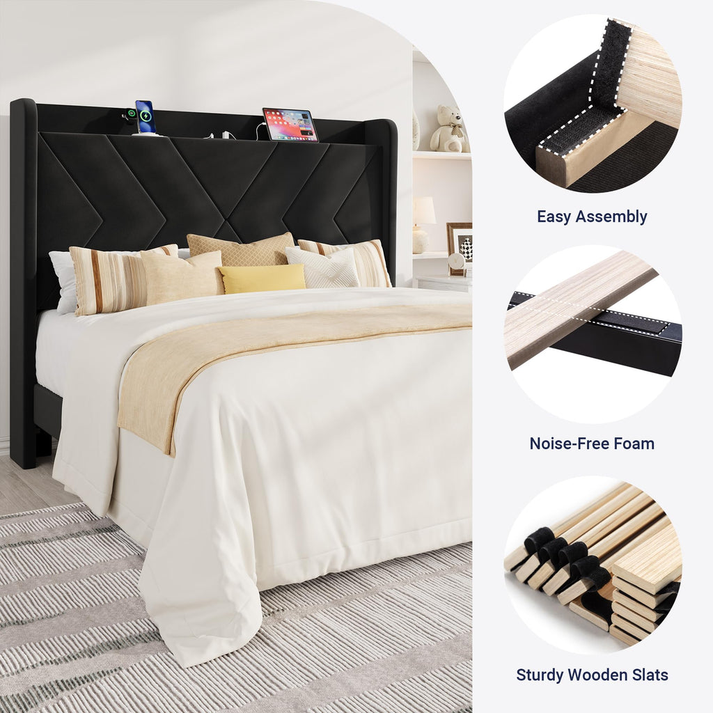 Queen Size Black Velvet Bed Frame with Charging and Shelf W5271