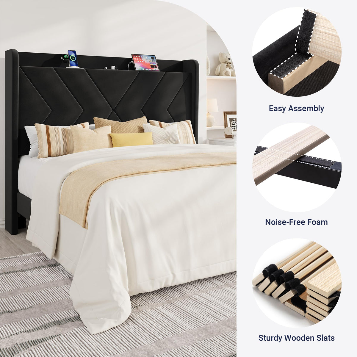 Queen Size Black Velvet Bed Frame with Charging and Shelf W5271