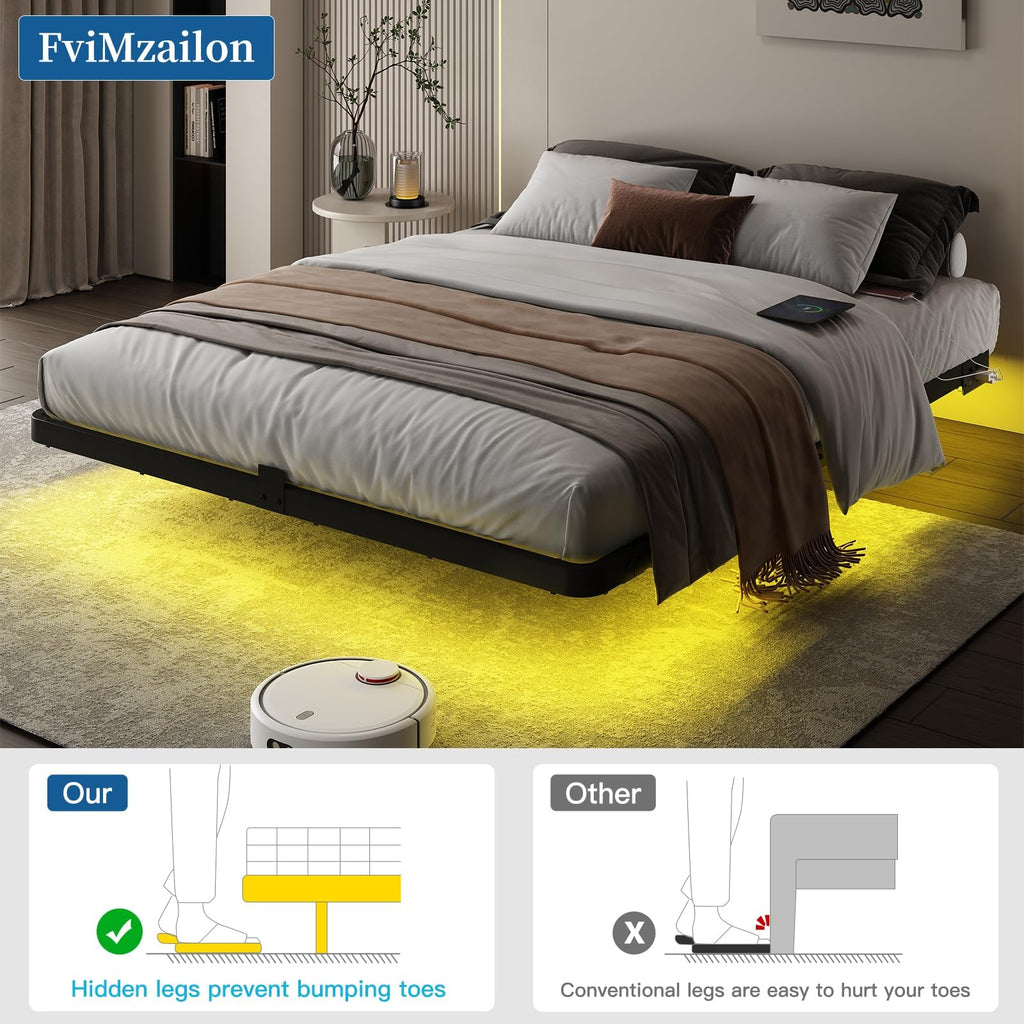 Full Size Floating Platform Bed Frame with LED Lights & Charging Station N598161
