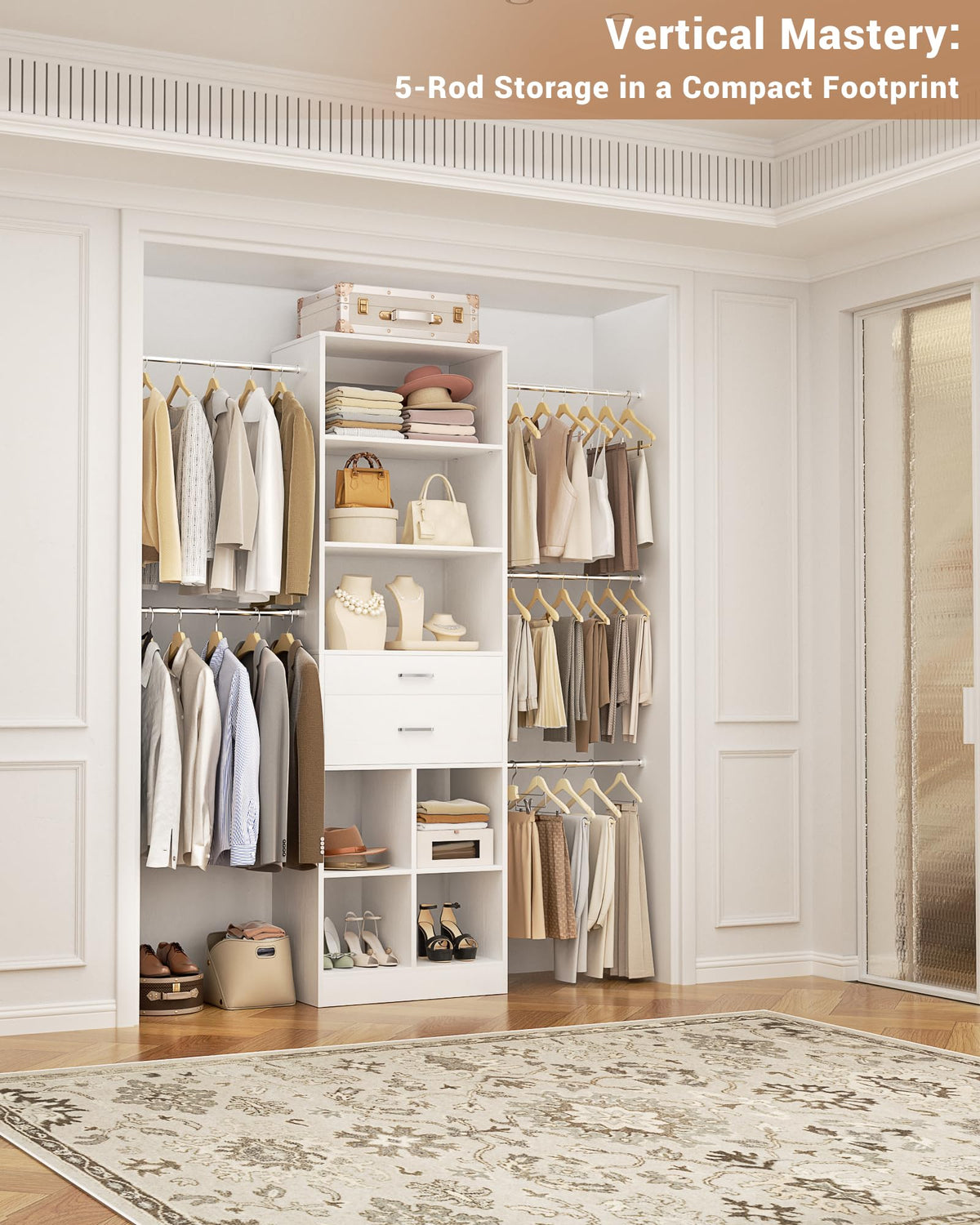 Small Closet System with 2 Wooden Drawers & 5 Hanging Rods, White B79427