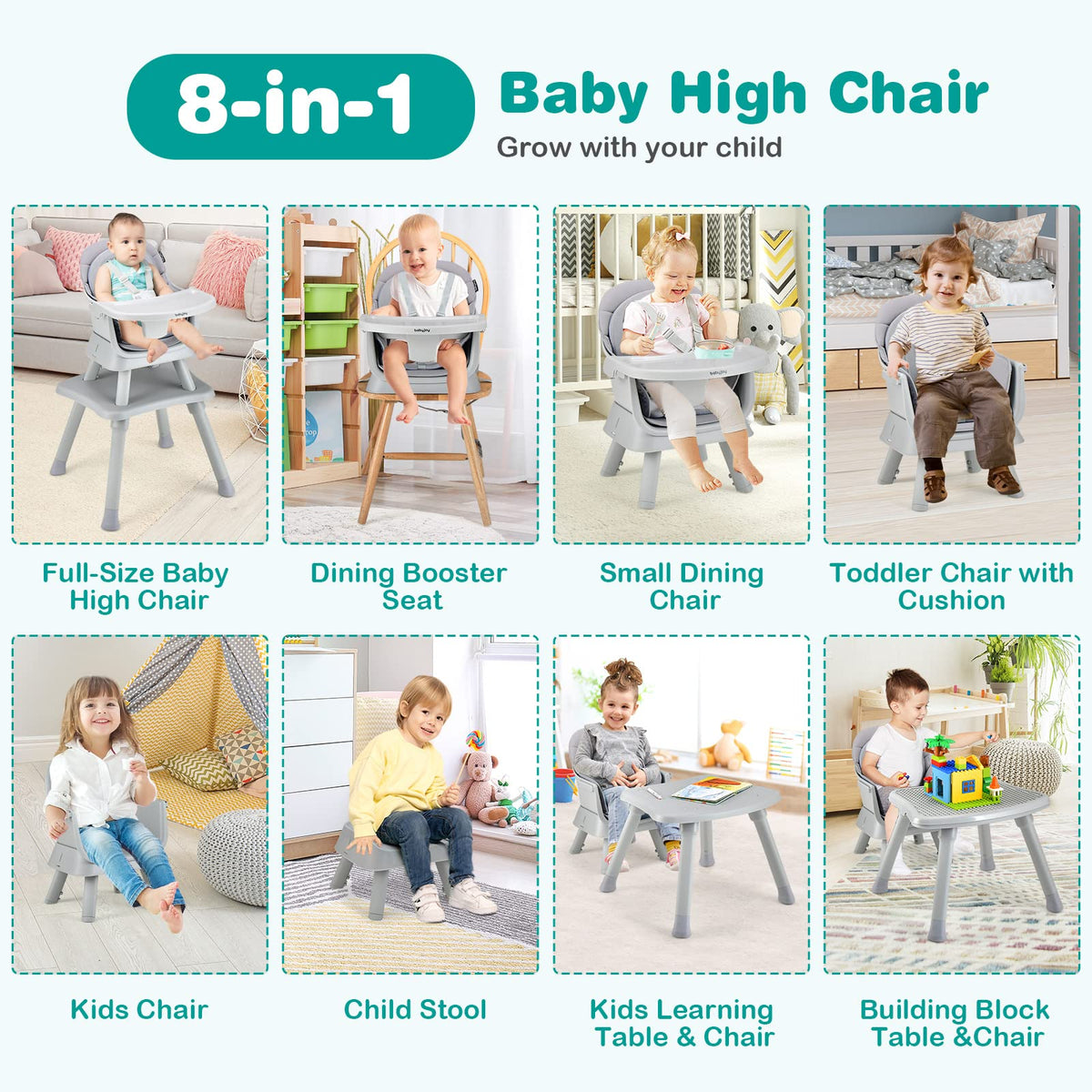 8 in 1 Convertible High Chair with Removable Tray E7157