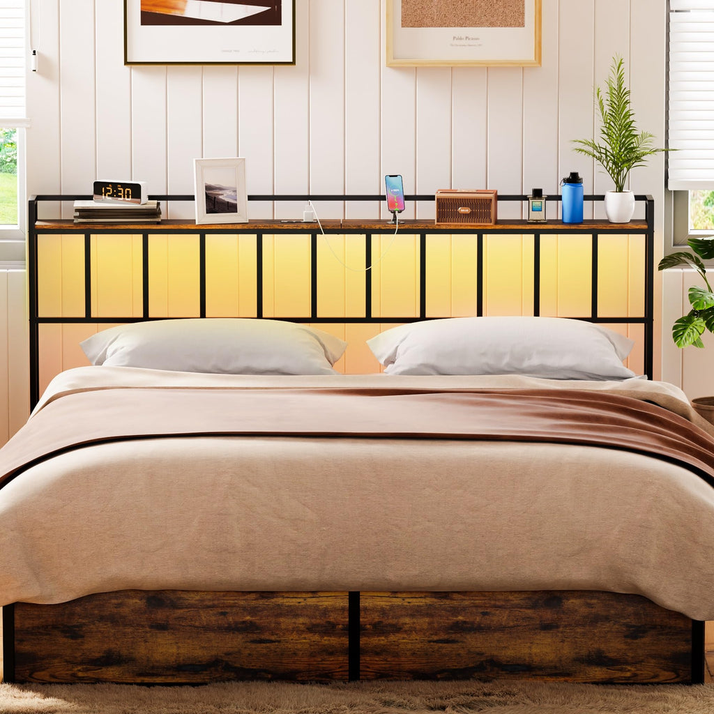 King Size Headboard with LED Light, Outlets and USB Ports, Storage Rack, Rustic Brown R82236