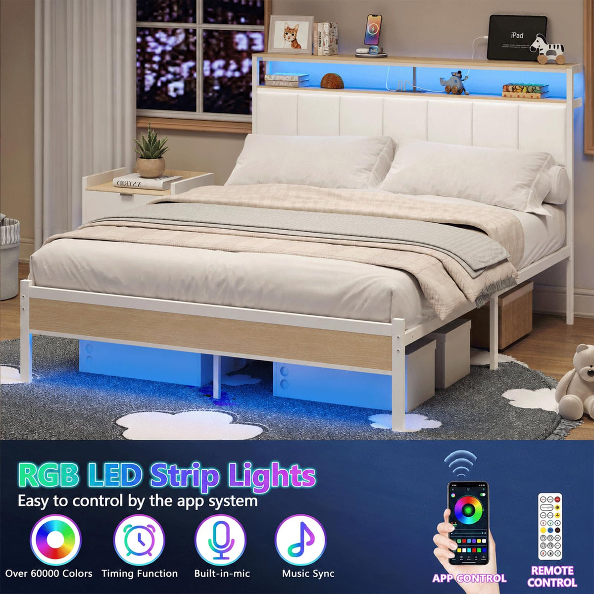 White Full Size Upholstered Platform Bed Frame with LED Lights and Storage Shelf S6439