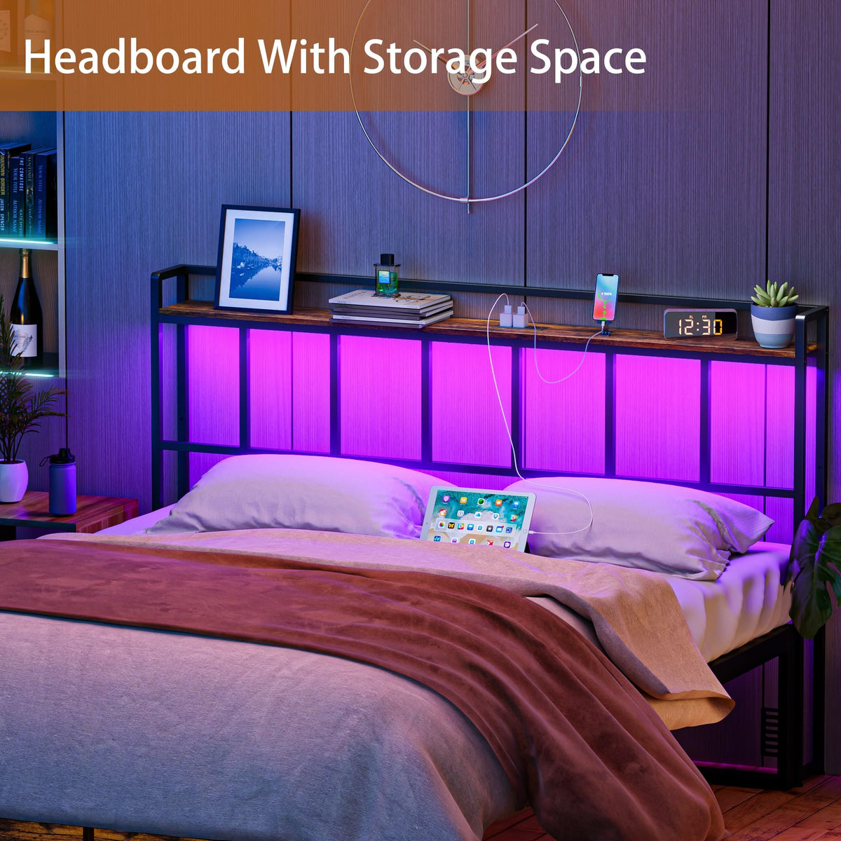 King Size Headboard with LED Light, Outlets and USB Ports, Storage Rack, Rustic Brown R82236