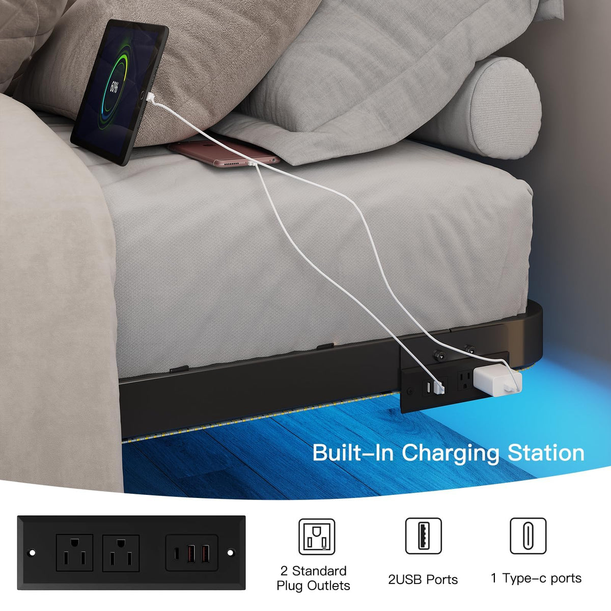 Full Size Floating Platform Bed Frame with LED Lights & Charging Station N598161