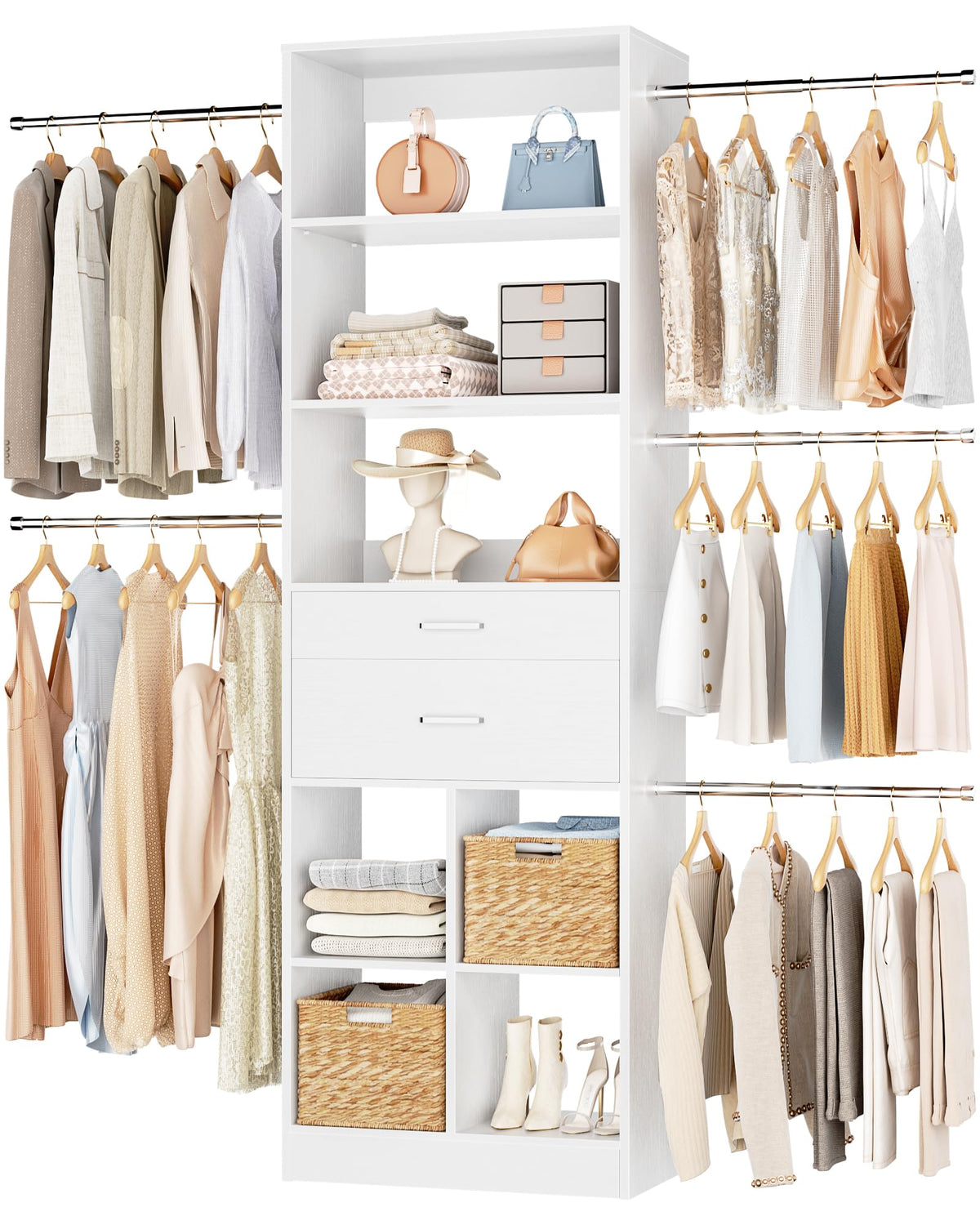 Small Closet System with 2 Wooden Drawers & 5 Hanging Rods, White B79427