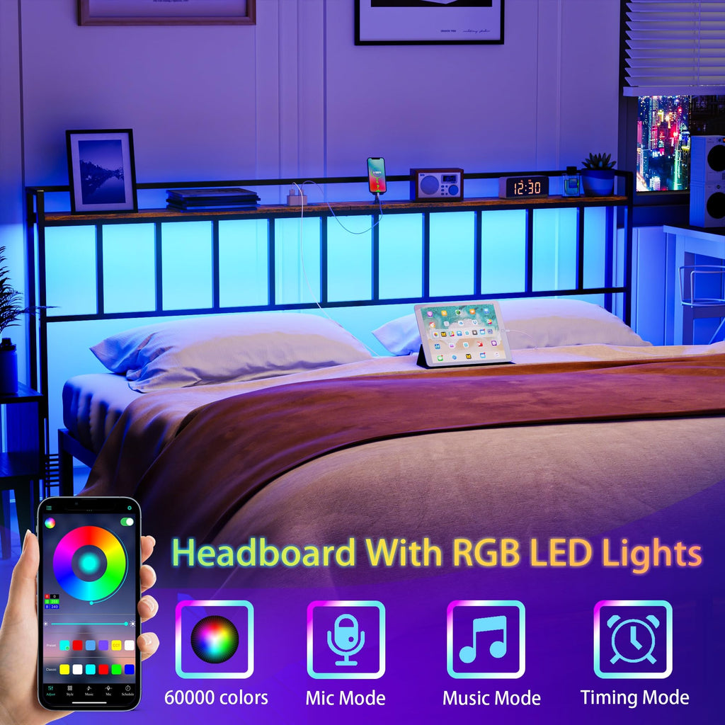 King Size Headboard with LED Light, Outlets and USB Ports, Storage Rack, Rustic Brown R82236