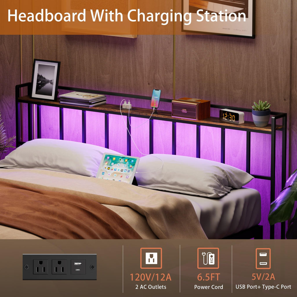 King Size Headboard with LED Light, Outlets and USB Ports, Storage Rack, Rustic Brown R82236