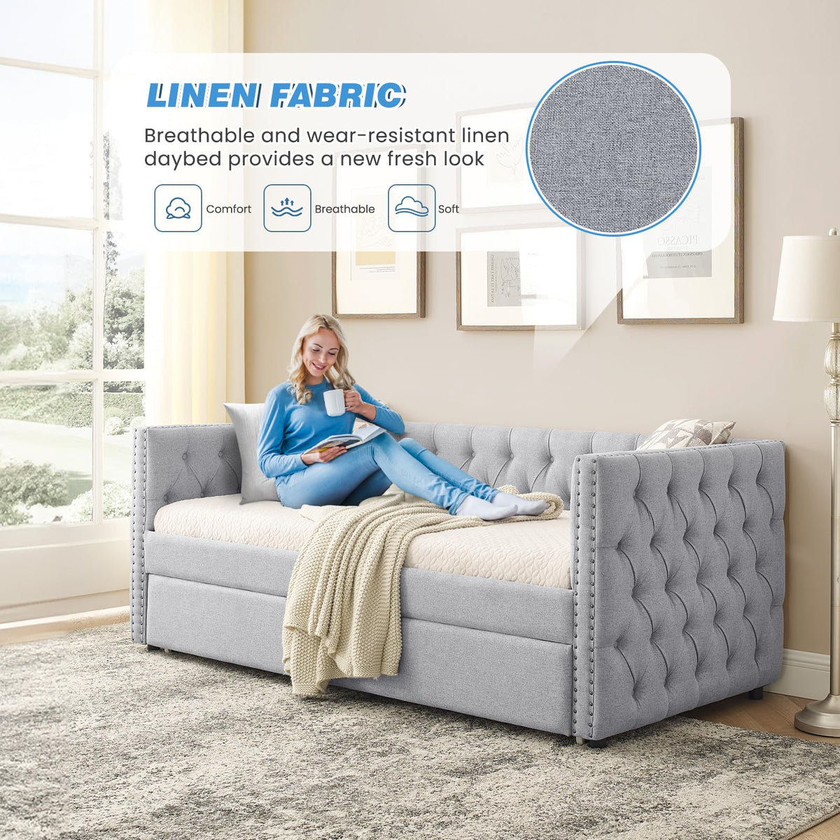 Linen Upholstered Twin Size Daybed with Trundle I67721