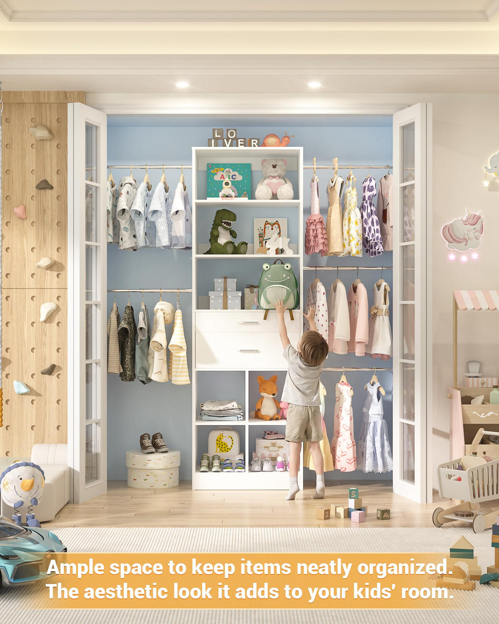 Small Closet System with 2 Wooden Drawers & 5 Hanging Rods, White B79427