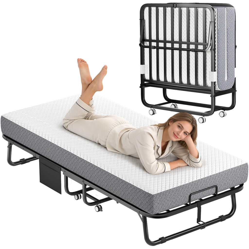 Folding Bed with Memory Foam Mattress, Twin Size Metal Frame R702974