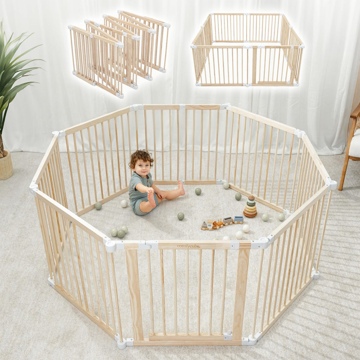 Foldable Playpen Light Wood White T68817