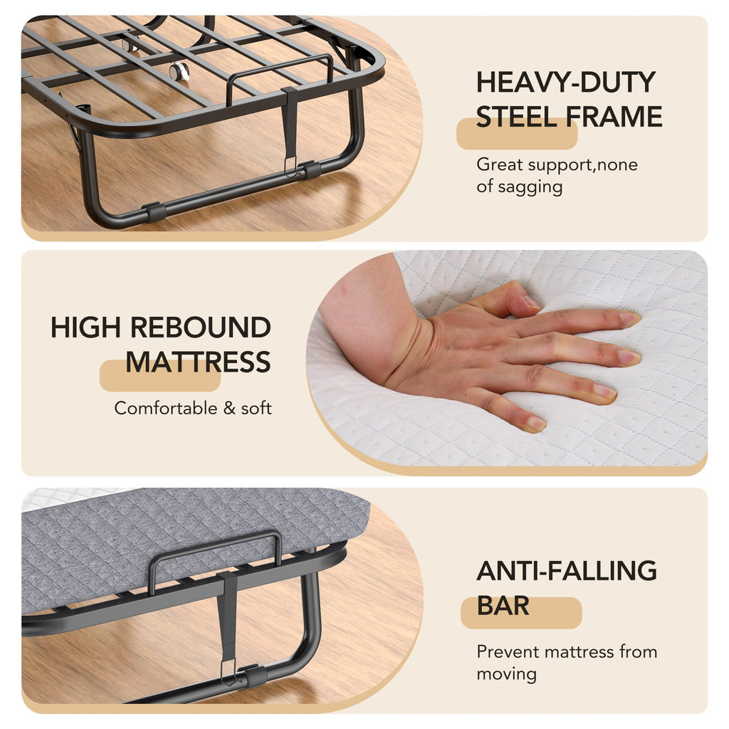 Folding Bed with Memory Foam Mattress, Twin Size Metal Frame R702974