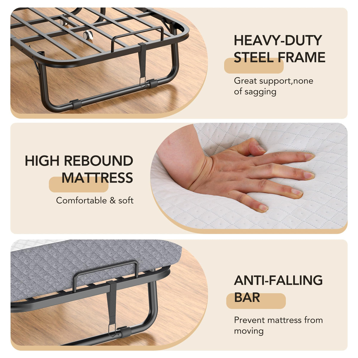 Folding Bed with Memory Foam Mattress, Twin Size Metal Frame R702974