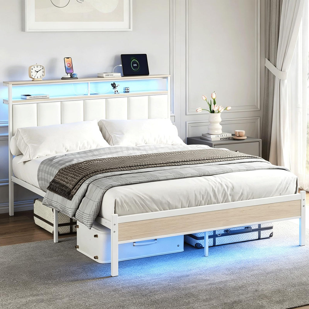 White Full Size Upholstered Platform Bed Frame with LED Lights and Storage Shelf S6439
