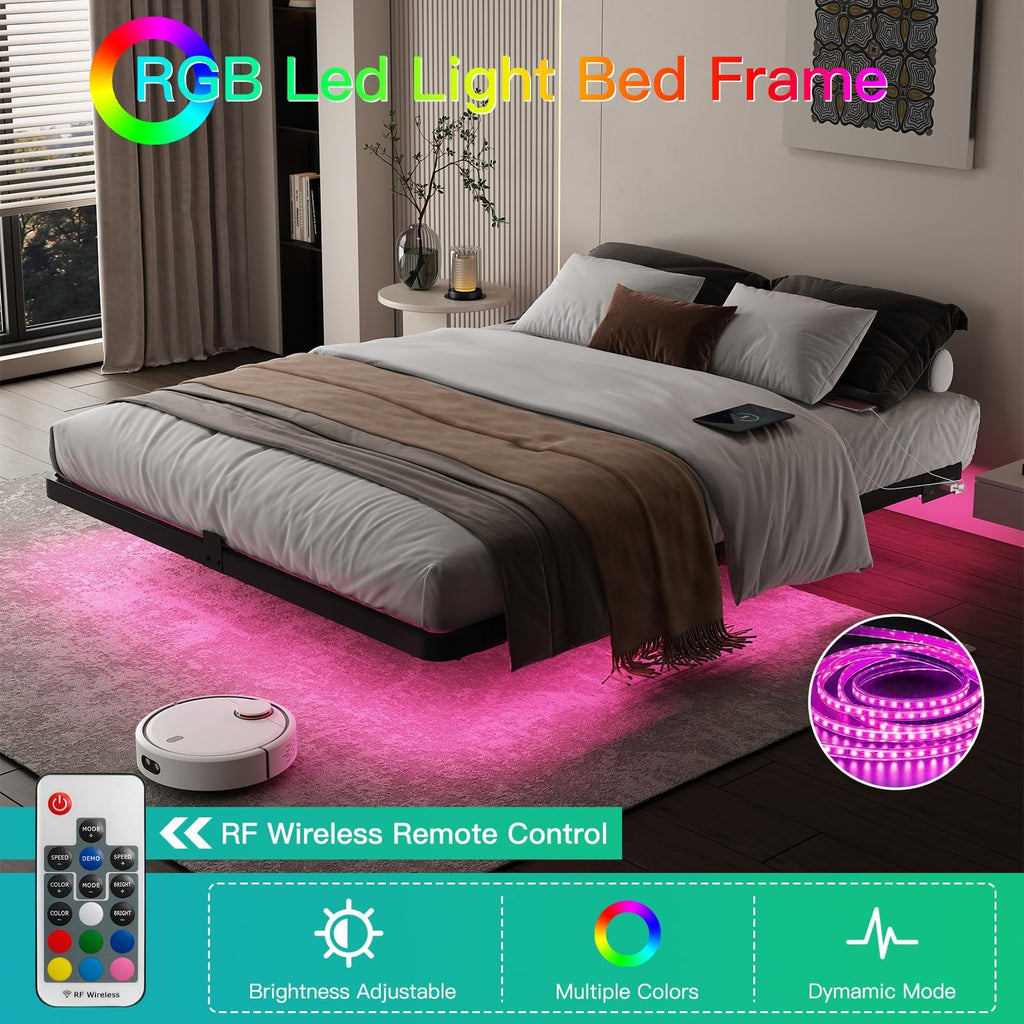 Full Size Floating Platform Bed Frame with LED Lights & Charging Station N598161