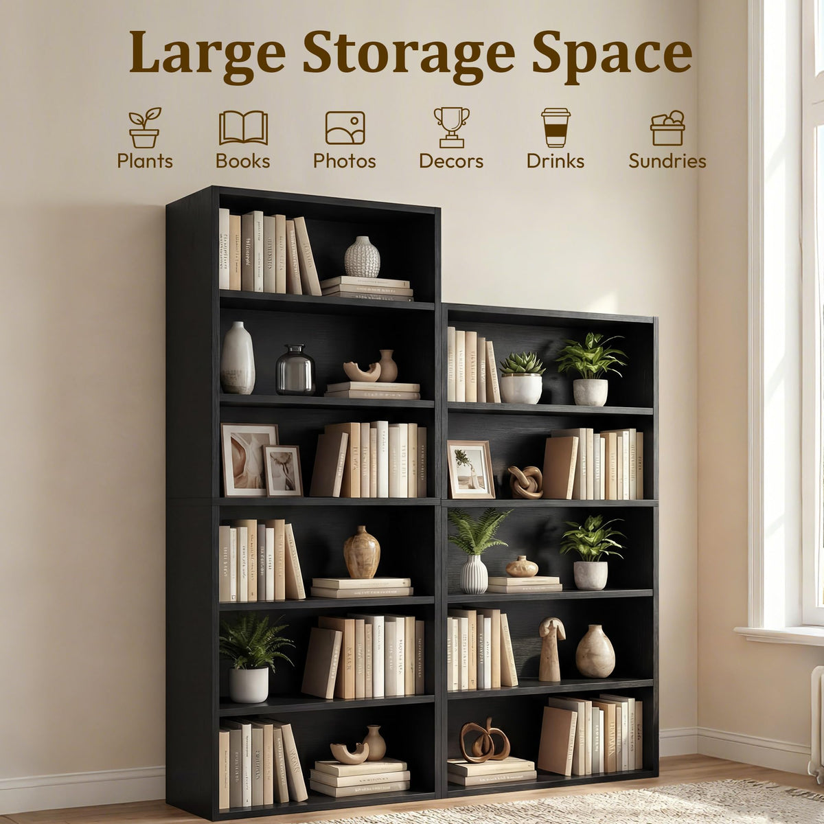 Black 6 Tier Adjustable Bookshelf I5701