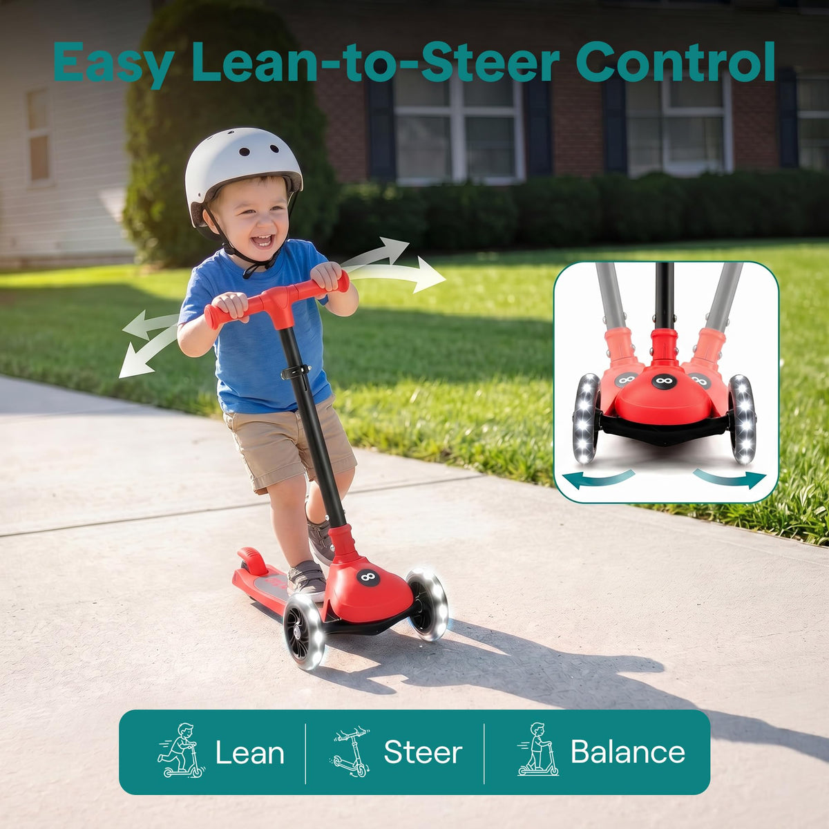 Foldable 3 Wheel Scooter with LED Wheels, Adjustable Handlebar, Red V564765