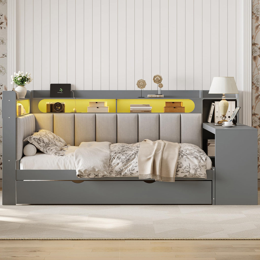 Grey Full Size L-Shaped Corner Bed with Trundle and Desk G7409