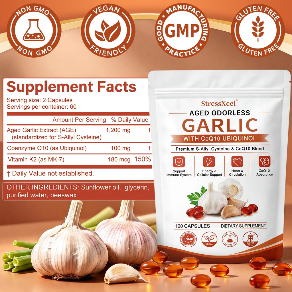 Odorless Garlic Extract Softgels with CoQ10 Ubiquinol and Vitamin K2 120 Softgels M55727