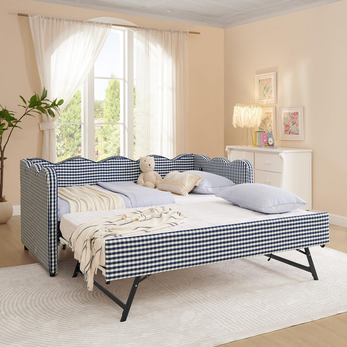 Navy Gingham Linen Upholstered Twin Size Daybed with Trundle R5926
