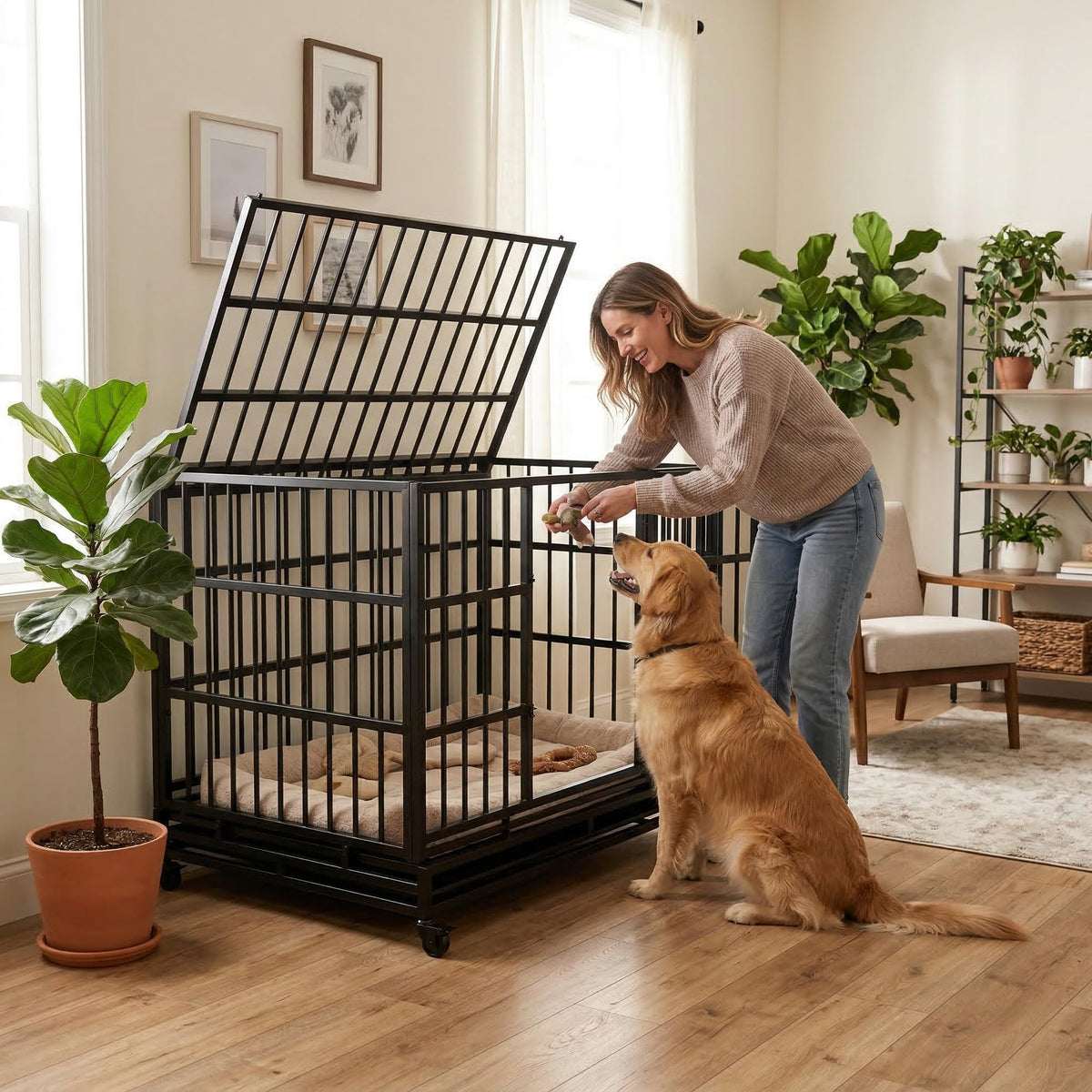 48" Metal Dog Crate with Tray & Wheels E3655