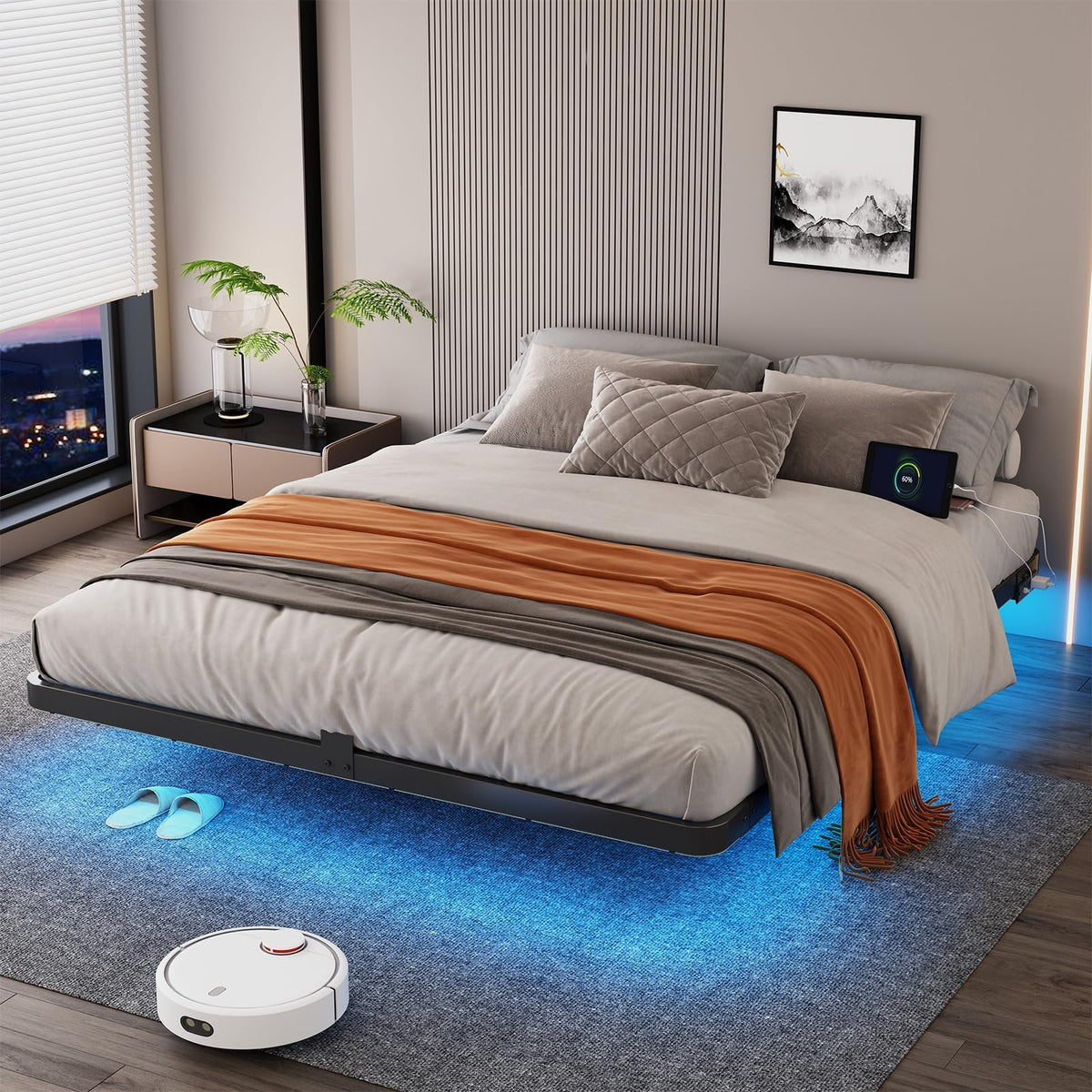 Full Size Floating Platform Bed Frame with LED Lights & Charging Station N598161
