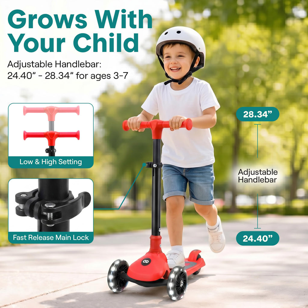 Foldable 3 Wheel Scooter with LED Wheels, Adjustable Handlebar, Red V564765