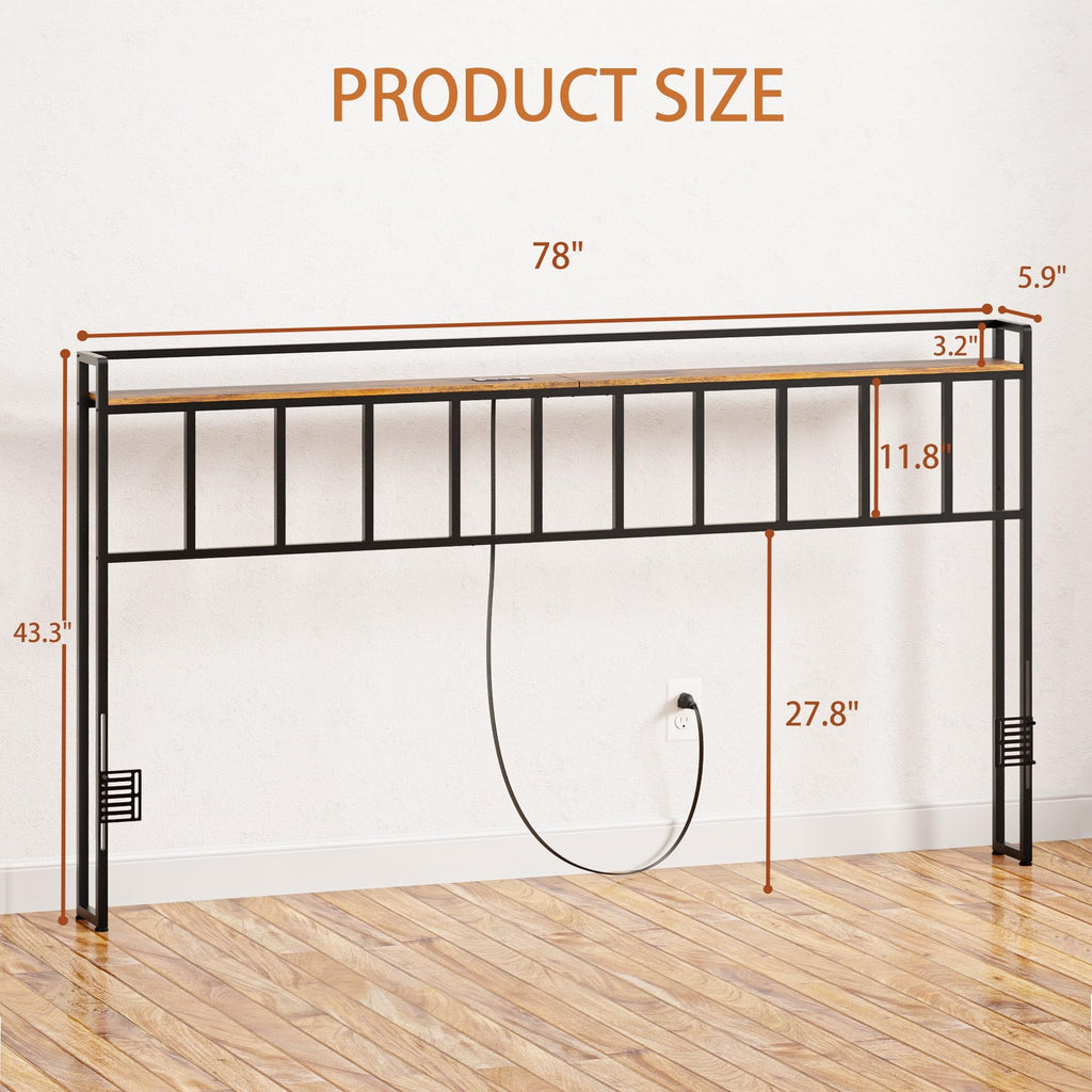 King Size Headboard with LED Light, Outlets and USB Ports, Storage Rack, Rustic Brown R82236