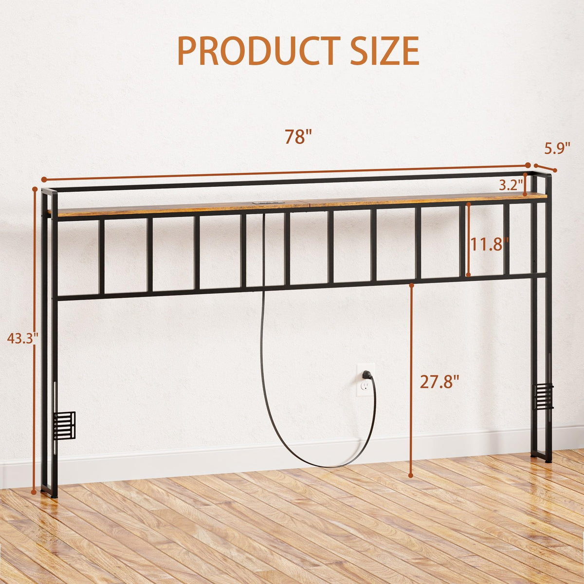 King Size Headboard with LED Light, Outlets and USB Ports, Storage Rack, Rustic Brown R82236