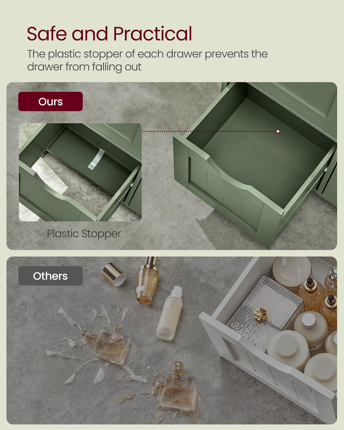 Forest Green 3 Drawer Bathroom Floor Storage Cabinet L64665