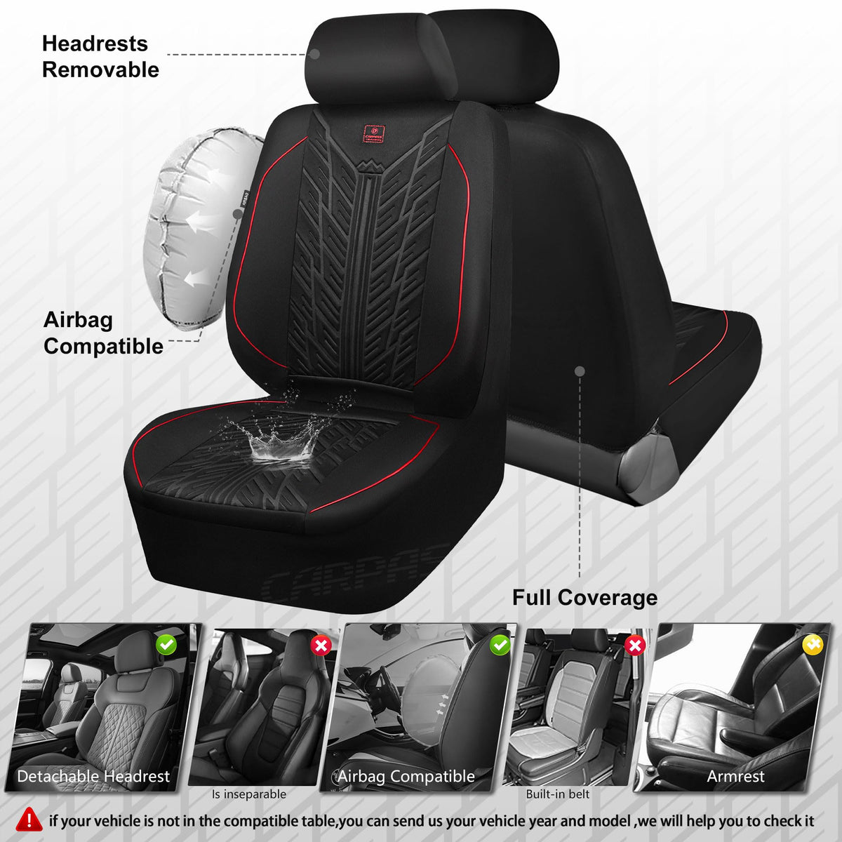 Waterproof Neoprene Car Seat Covers Full Set 5 Seats Black Red F467