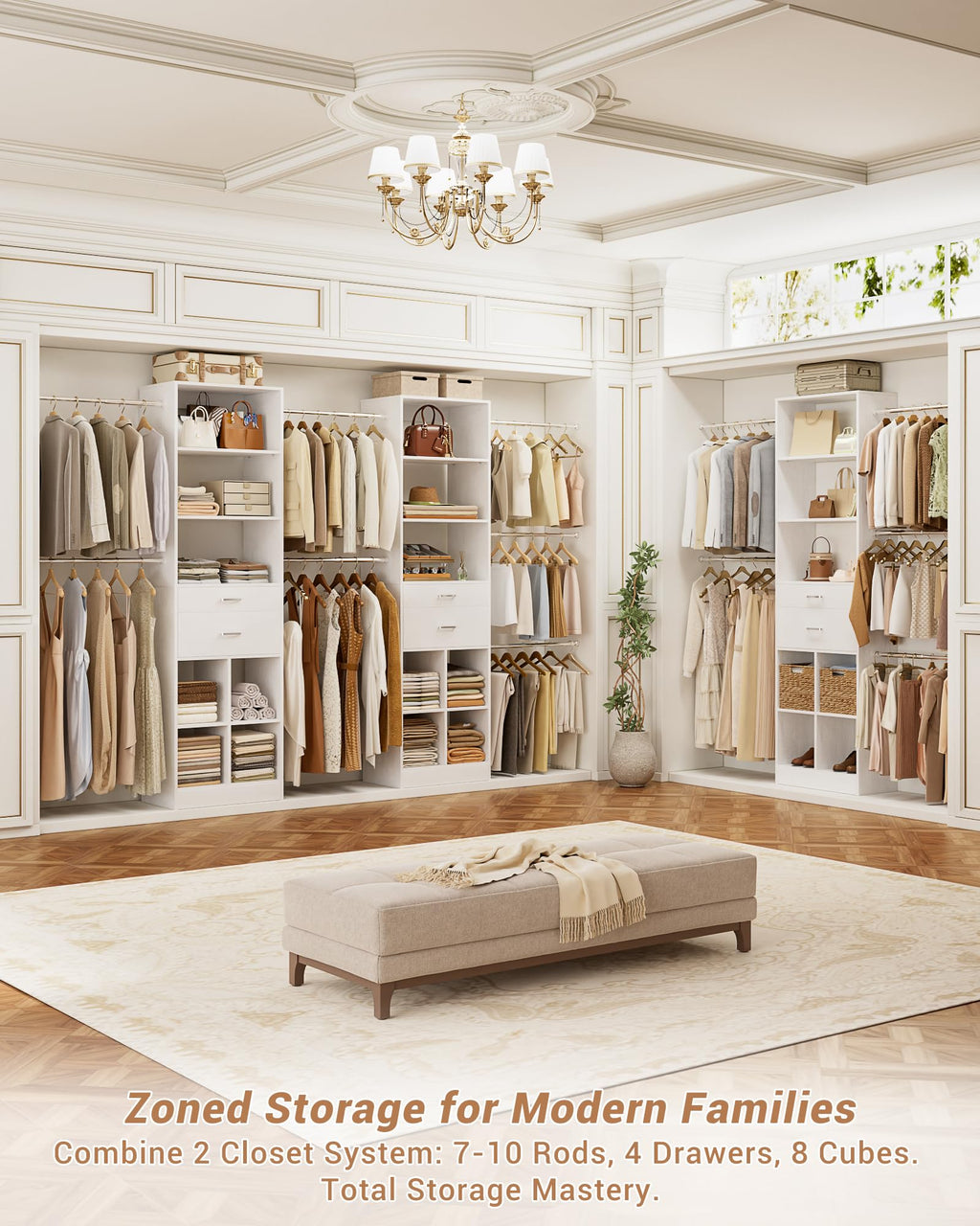 Small Closet System with 2 Wooden Drawers & 5 Hanging Rods, White B79427