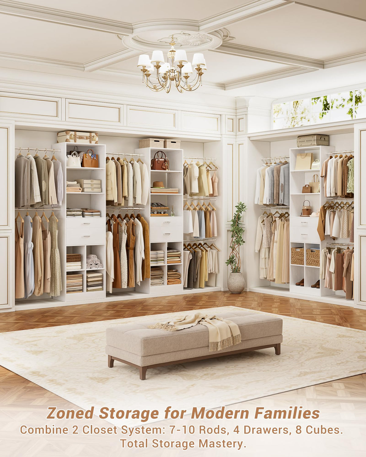 Small Closet System with 2 Wooden Drawers & 5 Hanging Rods, White B79427