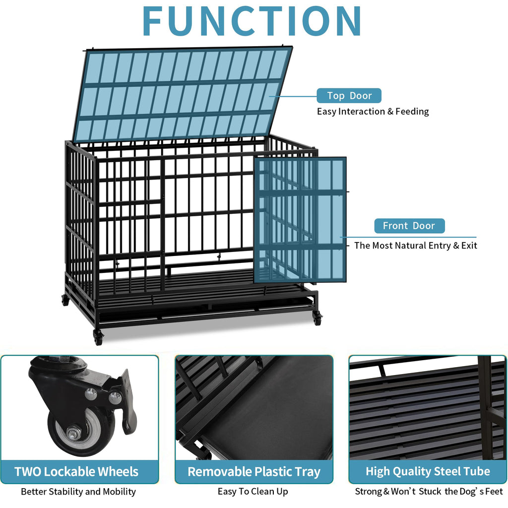 48" Metal Dog Crate with Tray & Wheels E3655