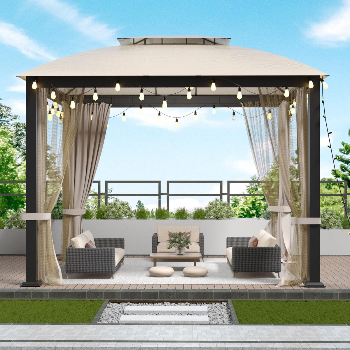 10x10 FT Soft Top Gazebo Canopy with Mosquito Netting & Privacy Curtains C4680