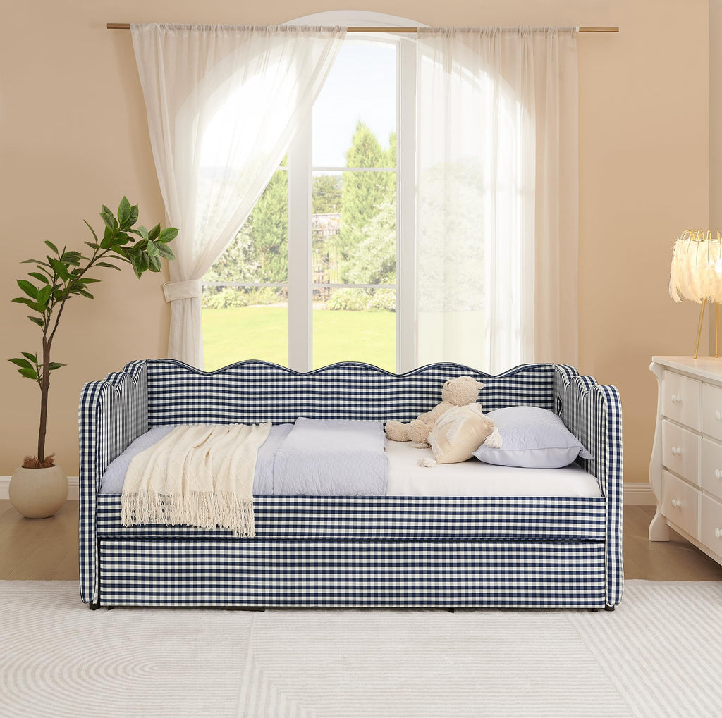 Navy Gingham Linen Upholstered Twin Size Daybed with Trundle R5926