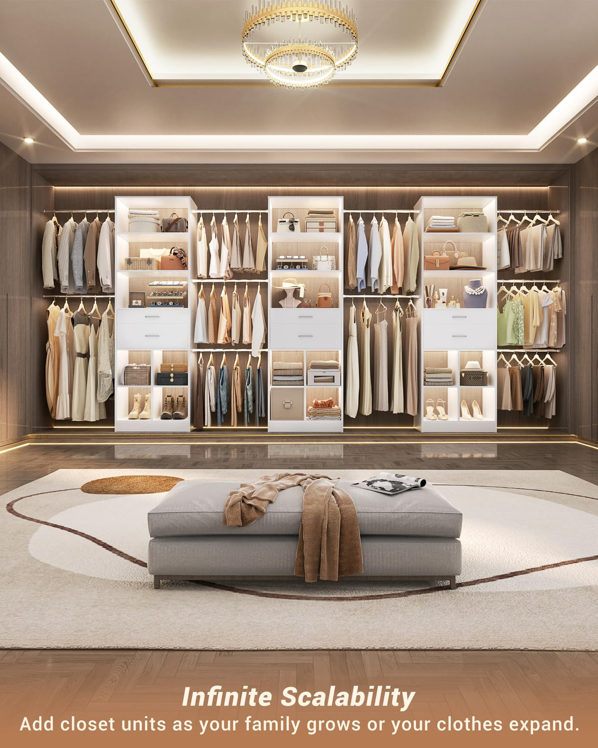 Small Closet System with 2 Wooden Drawers & 5 Hanging Rods, White B79427